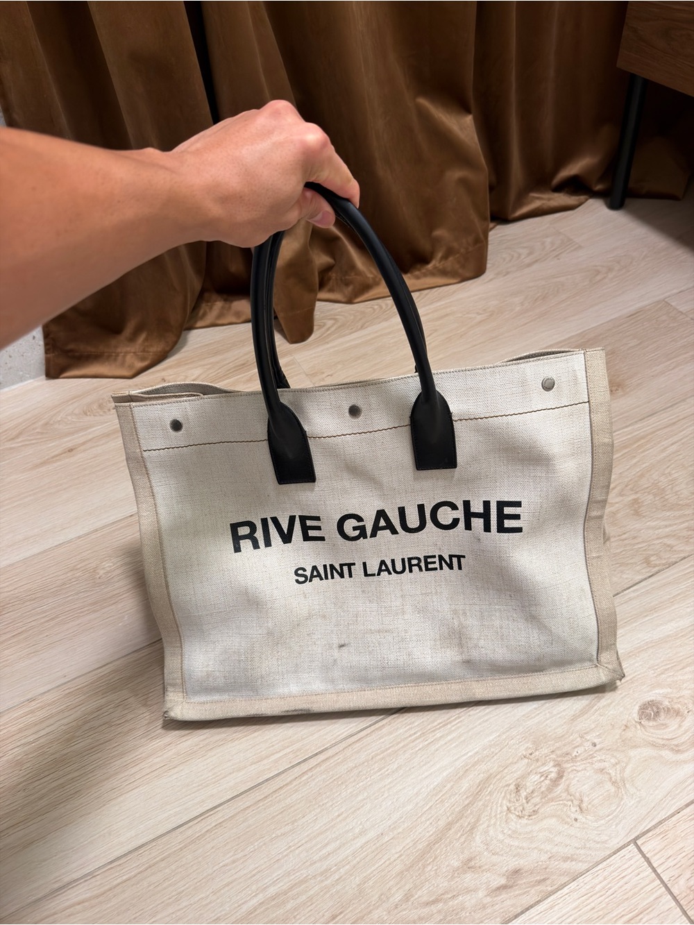 Saint Laurent Rive Gauche Canvas Tote in Natural with Black Handles